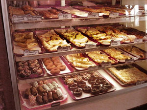 Large variety in our bakery of homemade donuts, cinnamon rolls, apple squares, and more Home Baked Breads, Rolls, Pies at Bakery at Lewis Farm Market, Corn Maze, & Petting Farm, New Era, Michigan, n of Grand Rapids